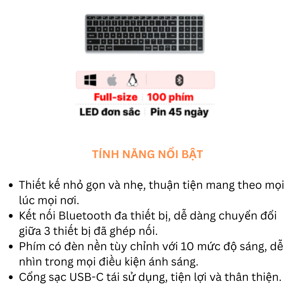 Bàn phím bluetooth Satechi Slim X1/X2/X3 Kết nối Blutooth 3 thiết bị, Pin dùng 45 ngày